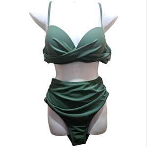 Cupshe Two Piece Swimsuit High Waisted V Neck Twist Front Adjustable Strap L